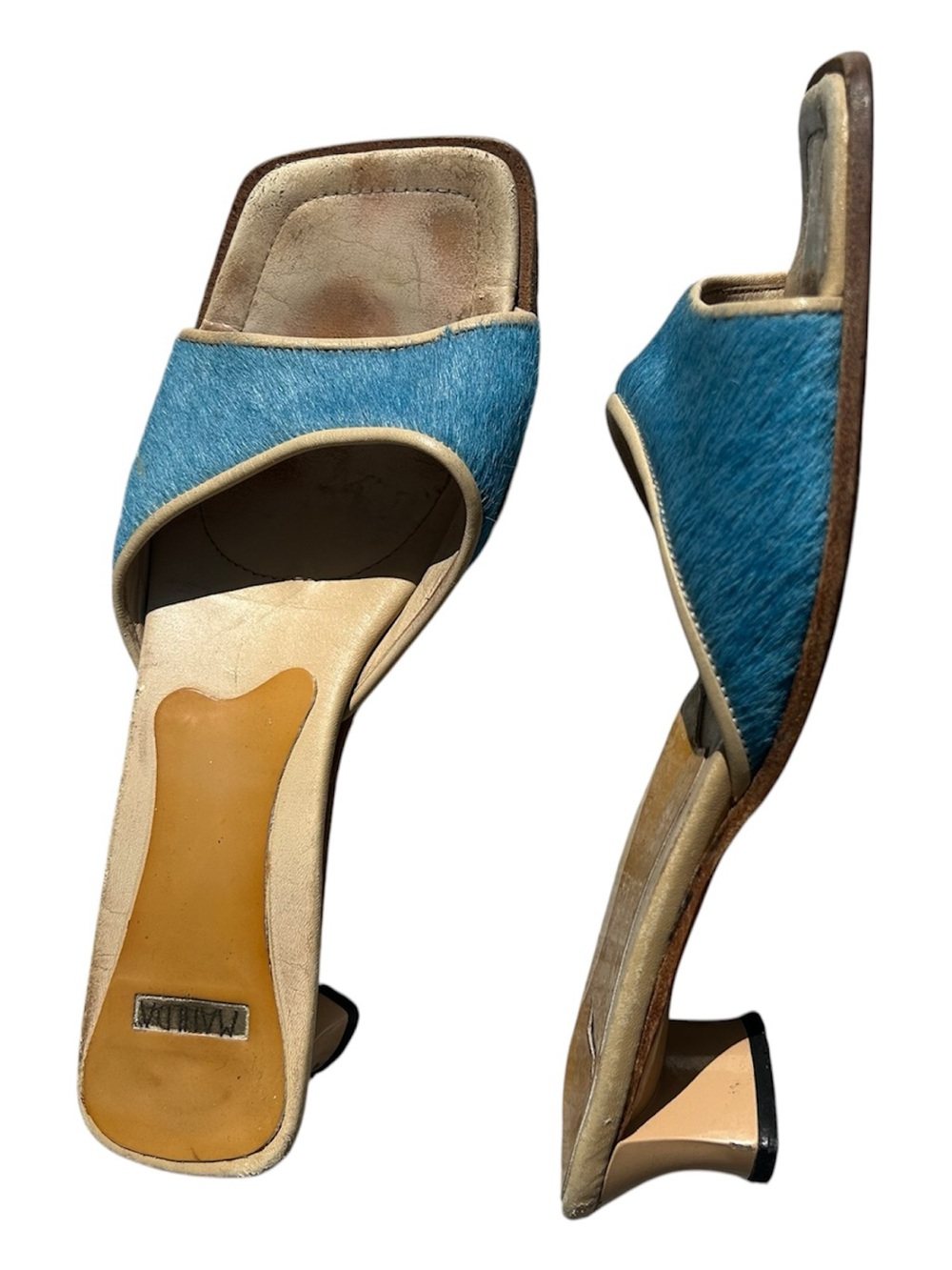 Vintage Y2K Blue Pony Hair Kitten Heels Mules Slides Indie Sleaze Mobwife Chic